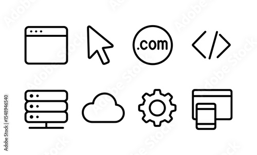 Web development icons: browser, cursor, cloud, server, code, gear, responsive design