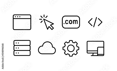Web development icons: browser, cursor, domain, code, server, cloud, gear, devices