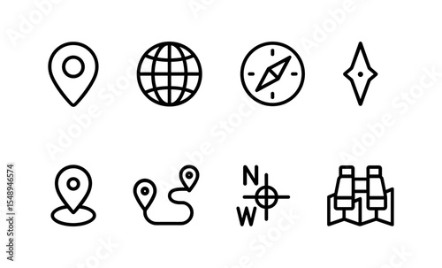 Minimalist navigation icons: compass, globe, map, binoculars for travel and exploration