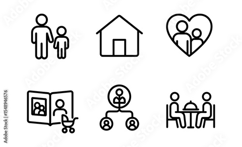 Family icons: home, heart, parent-child, photo, connection, dining symbols