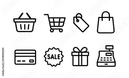 Shopping icons set: basket, cart, tag, and more for retail and e-commerce