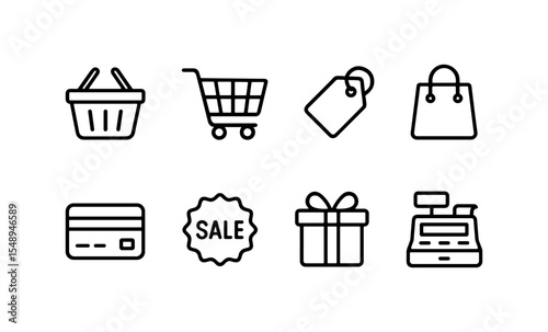 Set of minimalist shopping icons including basket, cart, and tags