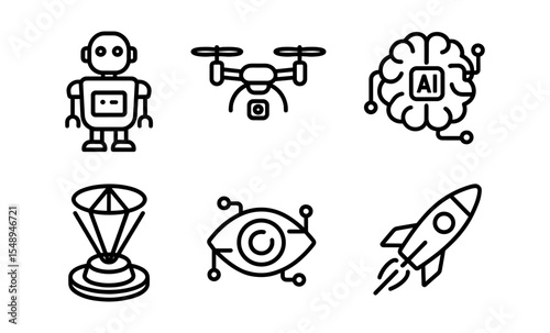 Futuristic technology icons featuring robot, drone, ai, and rocket symbols