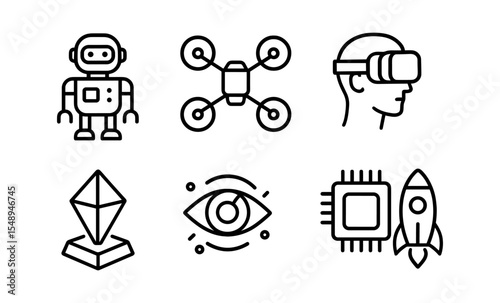 Futuristic technology icons featuring robot, drone, vr headset, blockchain, ai vision, and rocket chip
