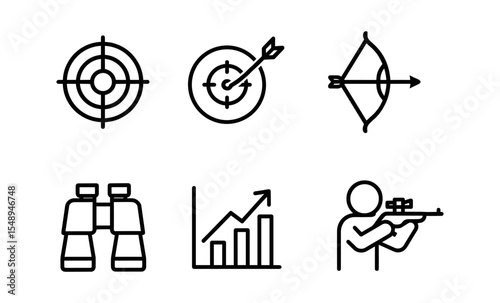 Target and archery icons set: binoculars, bow, graphs, marksman