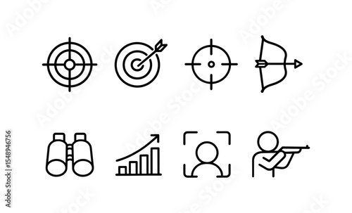 Target aim icons: archery, binoculars, rifle scope, growth chart