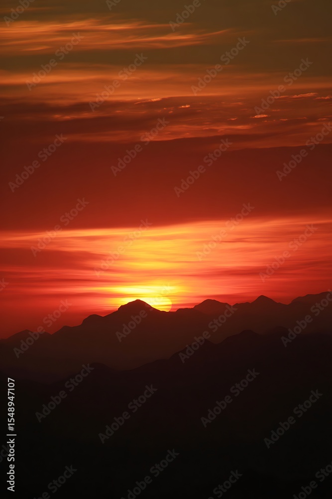 Obraz premium Fiery sunset over a mountain range.