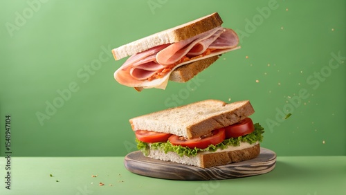 Levitation photography of ham and tomato sandwich floating on dark background, creative food styling, flying sandwich photo, gourmet snack concept