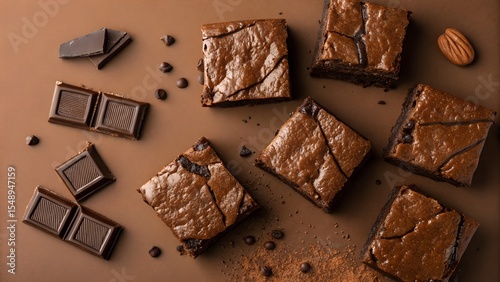 Chocolate brownies on brown background top view, delicious chocolate dessert display, sweet bakery treat, homemade fudgy brownie flat lay