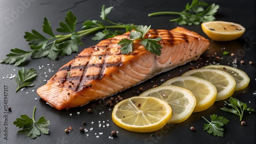Grilled salmon fillet with lemon and parsley on dark background, healthy seafood meal, grilled fish fillet presentation, gourmet food styling