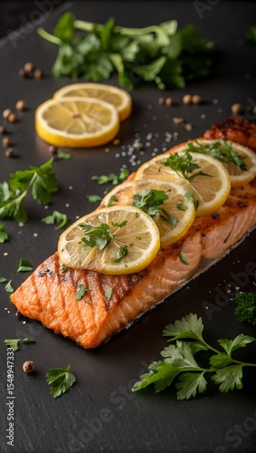 Grilled salmon fillet with lemon and parsley on dark background, healthy seafood meal, grilled fish fillet presentation, gourmet food styling