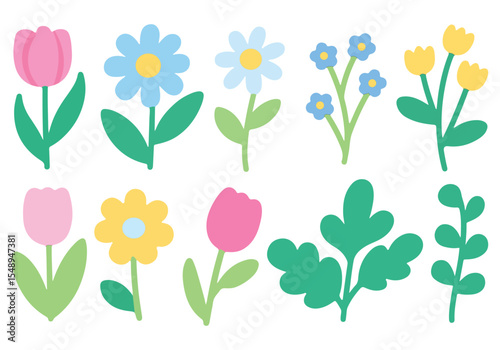 Cute spring flowers and leaves clipart set isolated on white background