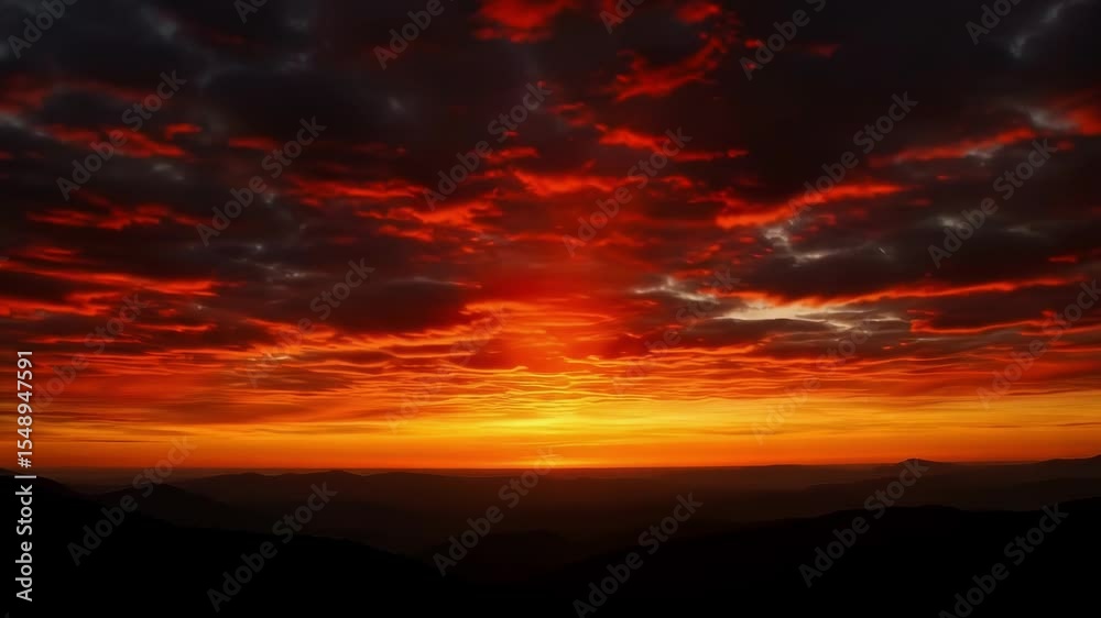 A dramatic sunset with intense orange and red clouds over a mountain landscape