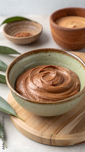Handmade clay mask in earth toned ceramic bowl top view, natural skincare product, organic face mask treatment, spa beauty care clay mask flat lay