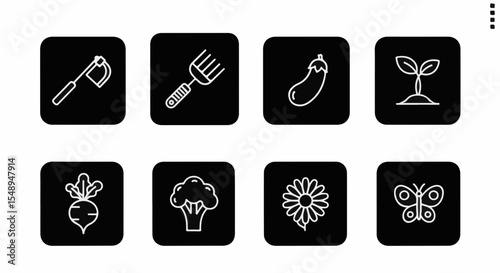 Gardening icons set featuring tools, plants, and vegetables