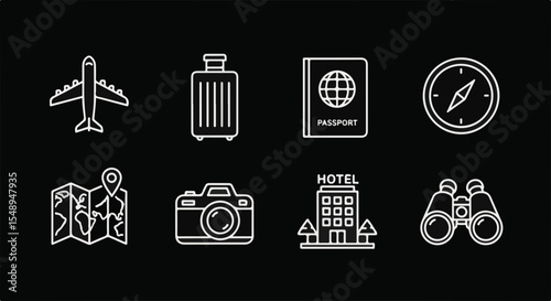 Travel icon set featuring airplane, suitcase, passport, and more