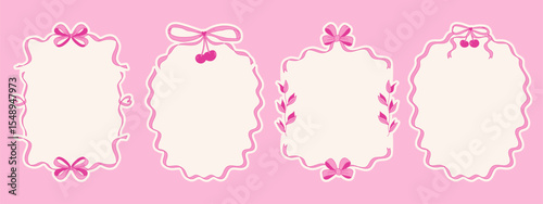 Coquette bow frames. Hand drawn whimsical borders on pink background.