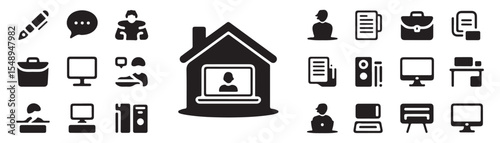 Freelance remote glyph icon set. Vector pictograms of house, pen, speech bubble, briefcase, document, portfolio, monitor, desk, computer, black sign silhouette illustration.