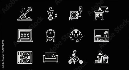 Icon set featuring various everyday objects and activities