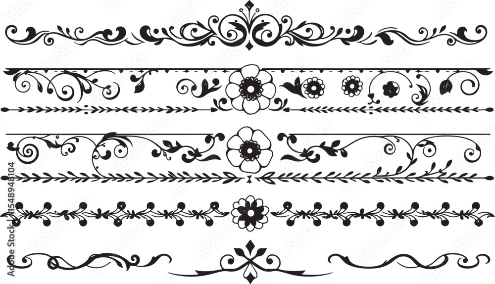 Obraz premium A set of decorative patterned borders, lines, and stripes. Hand drawn vector illustration 
