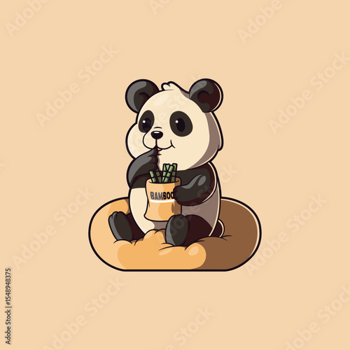 Cute Panda Eating Bamboo on a Puff vector illustration. Food, animal design concept.