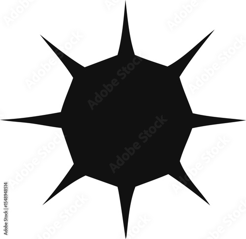 Abstract Black Spiked Shape with Eight Points on a White Background Resembling a Sea Mine or a Stylized Sunburst with Sharp Edges and Minimalist Design
