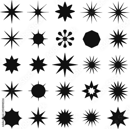 Collection of Twenty Five Black Starburst Shapes on a White Background Featuring Various Point Counts and Styles Ideal for Graphic Design and Decorative Elements
