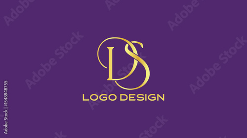 Elegant DS monogram logo with gold flowing letters on purple background, perfect for boutique, luxury fashion, or wedding branding