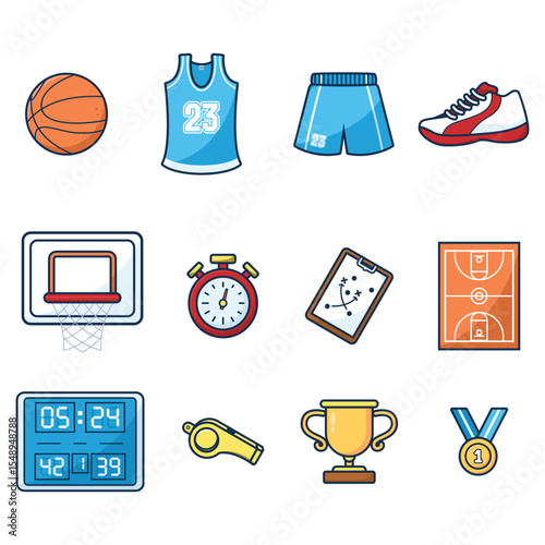 Basketball Icon Set – Flat Vector of Sports Equipment, Jersey, Court, Trophy, and Tools