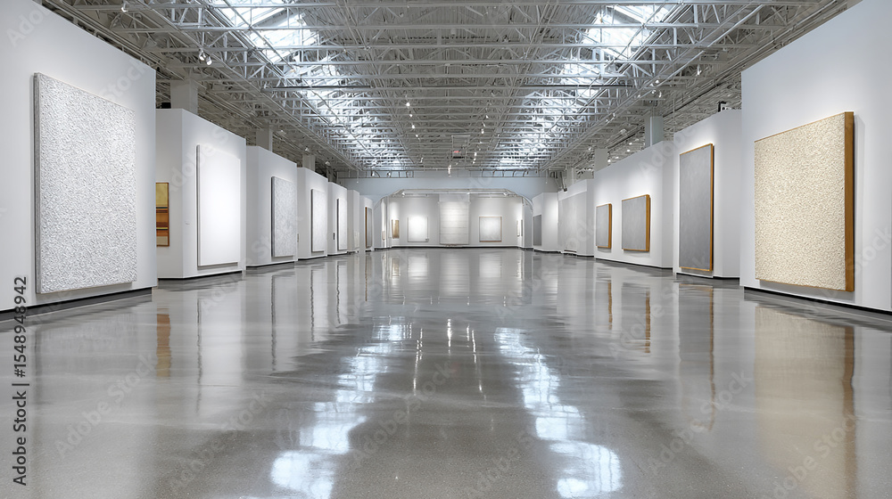 Naklejka premium Bright modern empty gallery space with large windows polished concrete floor and three white minimalist panels on wall creating clean and spacious atmosphere