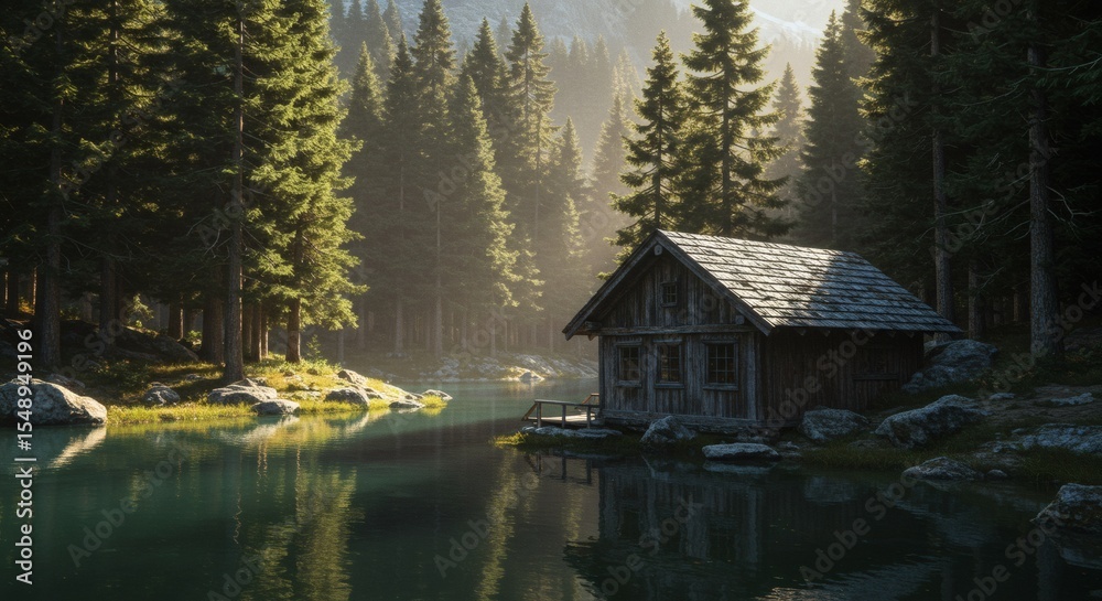 Obraz premium Secluded Wooden Cabin by Tranquil Lake in Misty Pine Forest