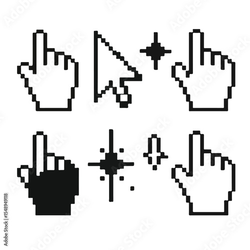 Pixel Art Hand Cursors Pointer Icons & Click Graphic Set