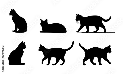 Set of black cat silhouettes in various poses isolated on white background