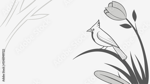 Elegant Grey-Scale Illustration of a Bird Perched Near a Blooming Flower

