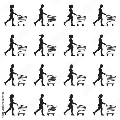 People Pushing Shopping Trolleys Clipart Bundle