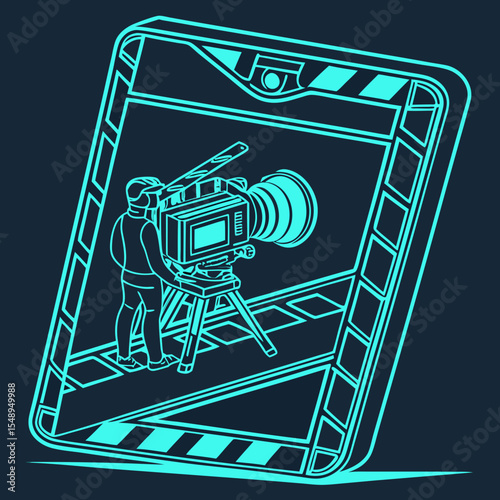 Mobile Filmmaking Cameraman with Professional Movie Camera on Smartphone Screen