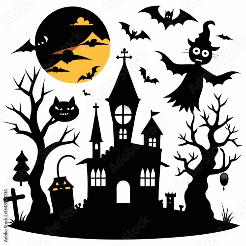 Enchanted Halloween Scene: A spooky and detailed illustration depicting a haunted castle silhouette set against a bright, eerie sky filled with bats and ominous trees, evoking the spirit of Halloween.