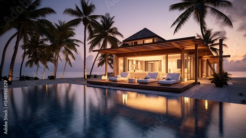 Elegant beachfront villa at dusk with a crystal-clear infinity pool, wooden sunbeds with beige cushions, ambient lighting under palm trees, and ocean breeze reflected in the water