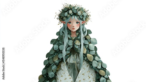 A serene, light-haired elf maiden with leaf-adorned headpiece and cloak, gazing directly at the viewer against a stark white backdrop. Her expression is 