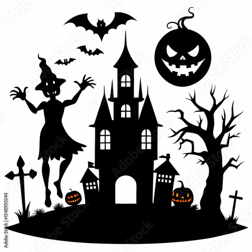 Spooky Silhouette: The enchanting Halloween composition brings forth a ghostly castle, witch silhouette, and pumpkins. A celebration of Halloween, evoking a sense of eerie charm and spooky fun.