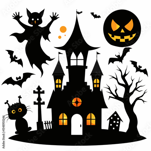 Spooky Halloween Silhouette Scene: A chilling black silhouette illustration featuring haunted house, a grinning jack-o'-lantern, bats, ghosts, ominous trees.