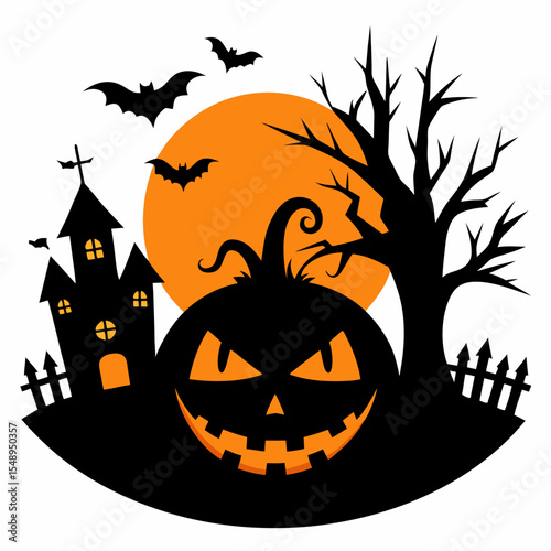 Halloween Pumpkin Silhouette: Spooky Halloween scene with a grinning jack-o'-lantern, haunted house, bare trees, bats, and an orange moon.