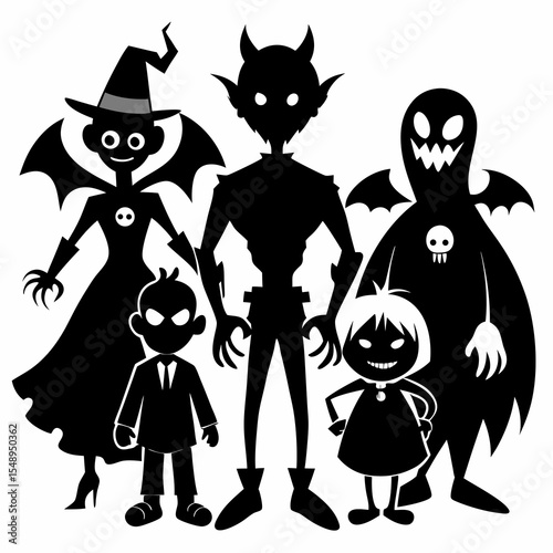 Halloween Silhouette: A gathering of whimsical Halloween figures, silhouetted in stark black against a clean backdrop.
