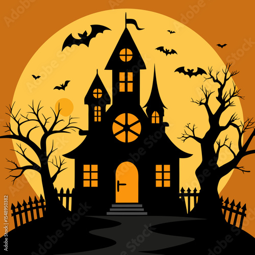 Spooky House: A chilling Halloween scene, silhouetting a haunted house against a bright full moon and soaring bats. Perfect for capturing the essence of fright and fun.