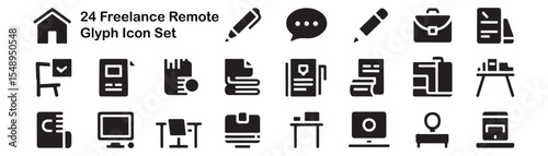 Freelance remote glyph icon set. Vector pictograms of house, pen, speech bubble, briefcase, document, portfolio, monitor, desk, computer, black sign silhouette illustration.