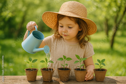 Little gardener girl watering seedlings in pots on wooden table outdoors