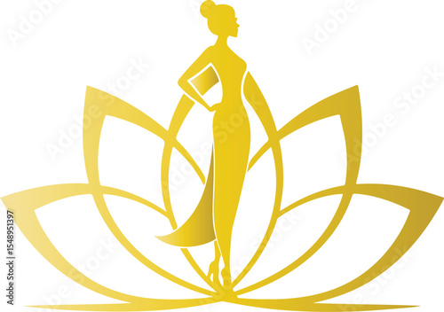 For cosmetics, beauty, tattoo, Spa, feminine, jewelry store logo design Golden Silhouette of a Woman Standing Gracefully in Front of a Lotus Flower Design