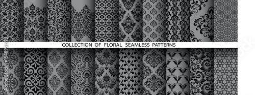 Geometric floral set of seamless patterns. Gray and black vector backgrounds. Damask graphic ornaments