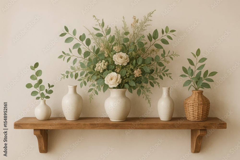 Fototapeta premium White ceramic vase with greenery placed on minimal wall-mounted wooden shelf
