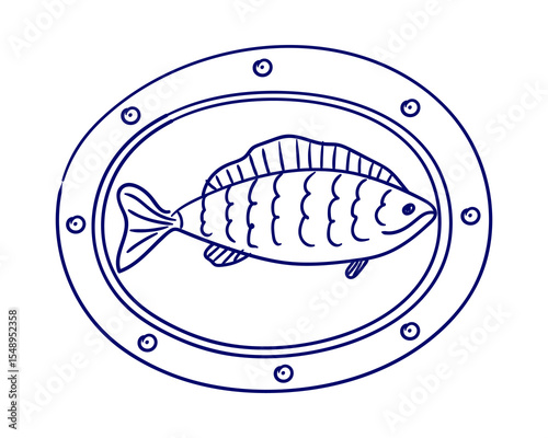 Stylized fish illustration in a circular frame designed for nautical themes or aquatic decor